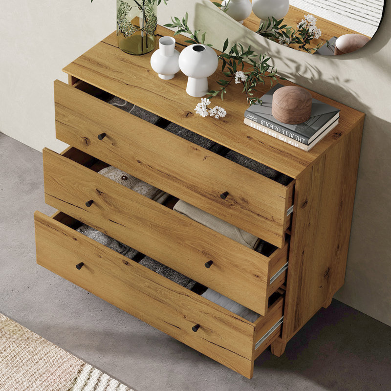 Commode 3 tiroirs Modern, Brun chêne / noir
