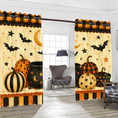 2 PCS rideaux occultants avec œillets, chauve-souris citrouille d'Halloween et drapeaux de polyester imprimé graphique festif, isolation thermique, réduction du bruit, protection de la vie privée, obscurcissement des rideaux de traitement de fenêtre pour la chambre à coucher, cuisine, intérieur, décoration intérieure
