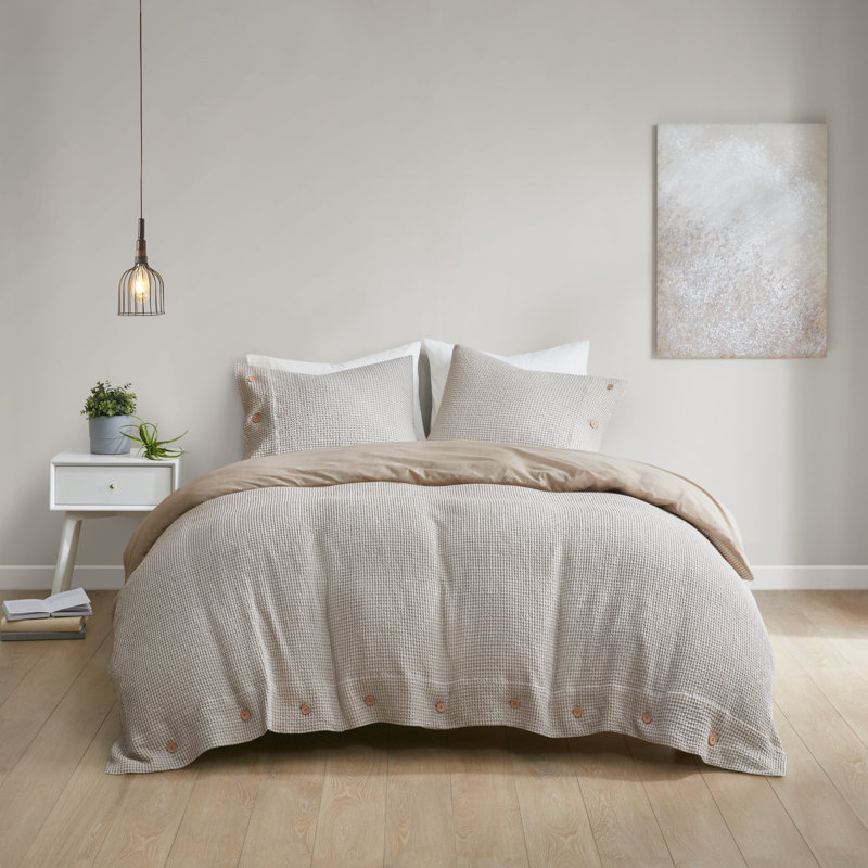 Taupe Greige Cotton Blend Waffle Weave Duvet Cover Set