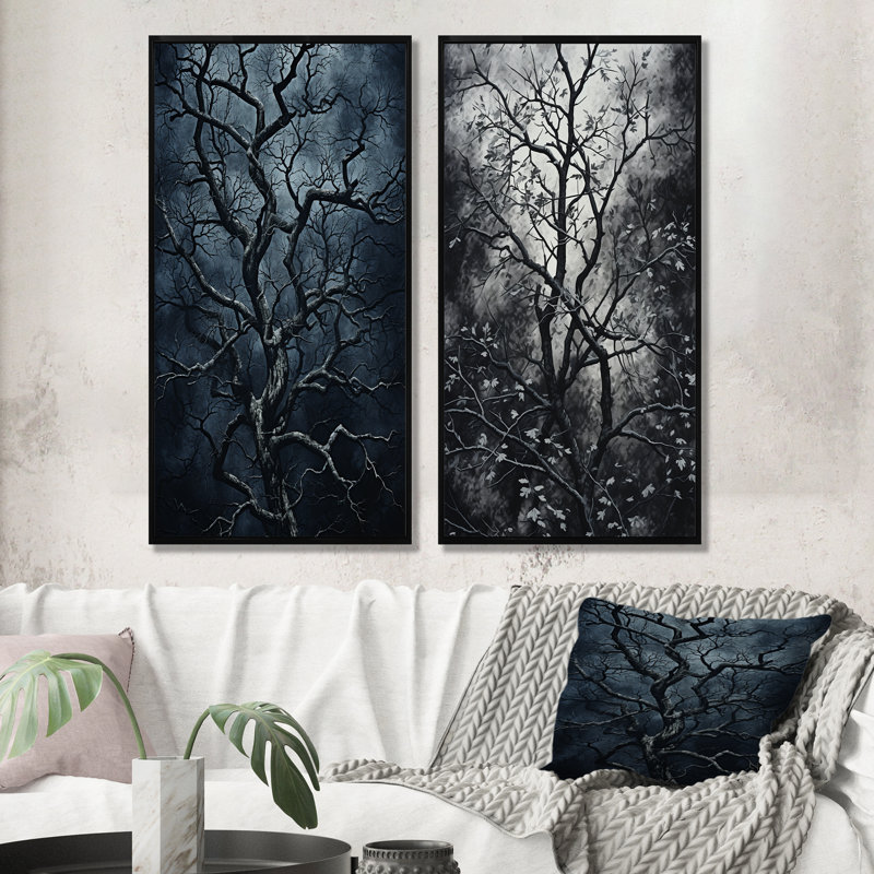 Arbre de Noël gothique gris, ensemble de 2 décorations murales, H 32 po x l 33 po, Cadre flottant noir