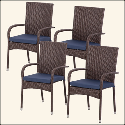 Chaises de salle à manger empilables en rotin avec coussins, ensemble de 2 chaises de patio en osier avec accoudoirs et dossier pour terrasse, terrasse