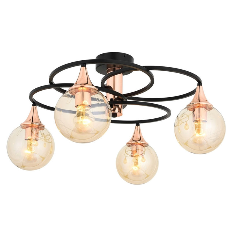 Lustre industriel moderne, 24,4 po de diamètre, corps en métal noir et bronze, 4 douilles E27 (6 W maximum) | IP20, élégant couvercle en verre | Parfait pour l'éclairage du salon, de la salle à manger et du vestibule, design élégant et fonctionnel
