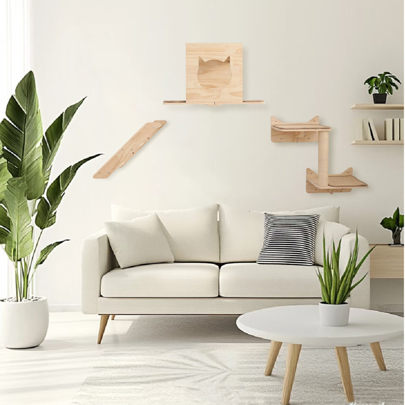 Ensemble de tablettes murales pour chat - Meubles muraux pour chat avec maison, tapis en sisal, poteaux à griffer et perchoirs - Tablettes d'escalade d'intérieur pour grands chats