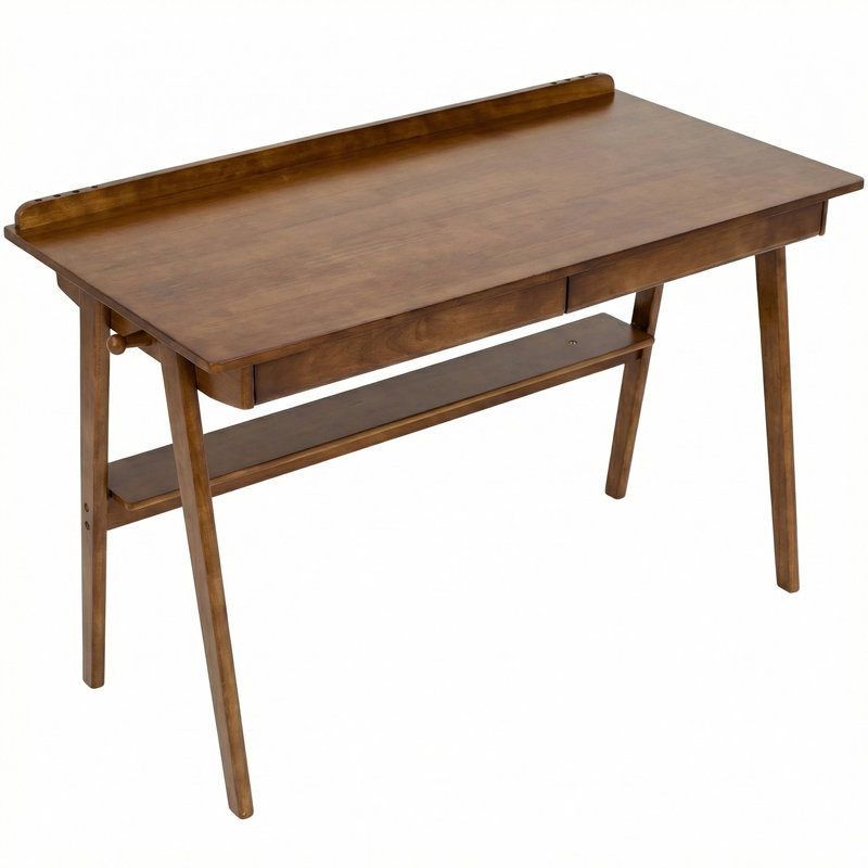 47" Mid Century Modern Solid Wood Writing Desk with 2 Drawers and Storage Shelf, Home Office Computer Desk for Small Spaces with Side Hooks, Walnut Finish