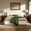 Structure de lit tapissier très grand pour chambre à coucher avec tête de lit rembourrée épaisse et pieds en bois massif, mélange de lin beige neutre