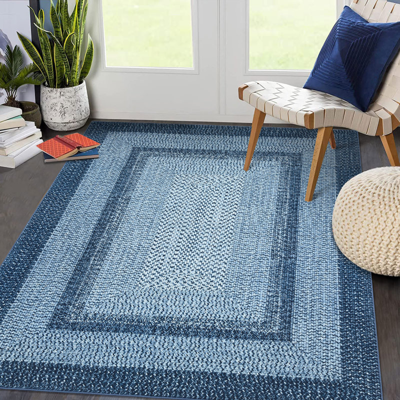 Blue Modern 5 x 7(ft) Rectangular Indoor Soft Non Slip Washable Bordered Geometric Area Rug, Blue, Rectangle 5' x 7'