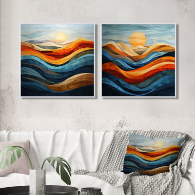 «Blue Orange Bold Mountains Landscape at Sunset I», art mural abstrait - ensemble d'art mural moderne 2 pièces
