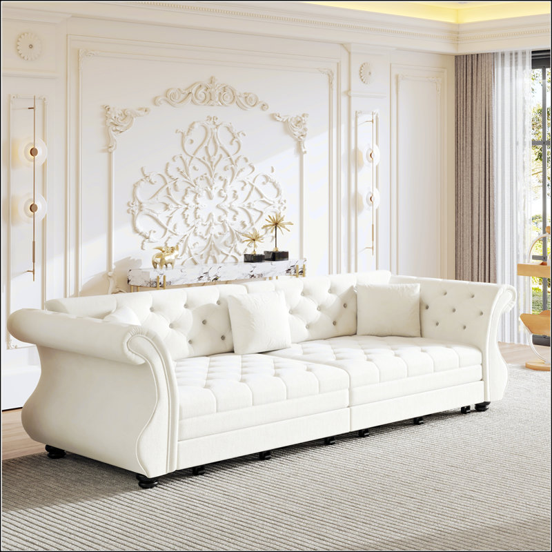 Canapé convertible surdimensionné de 97,6 pouces Chesterfield, Blanc beige