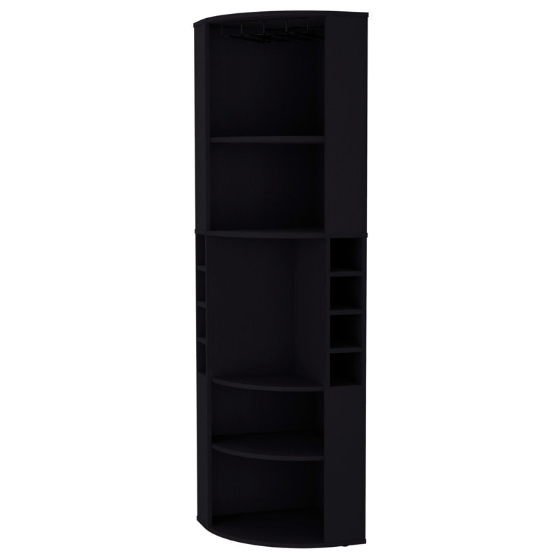 Black Corner Bar Cabinet With 5 Large Shelves - Stores Glassware & Liquors, Construction, Enhances Living Room Storage Holds Wine, Liquor Glassware, Wood,
