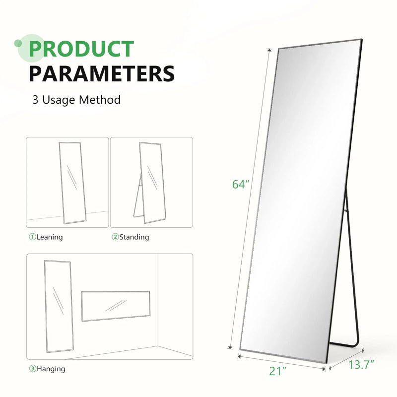 Full Length Mirror, Free Standing Floor Mirror For Leaning Or Hanging, Bedroom & Living Room Decor, 64" x 21", Black