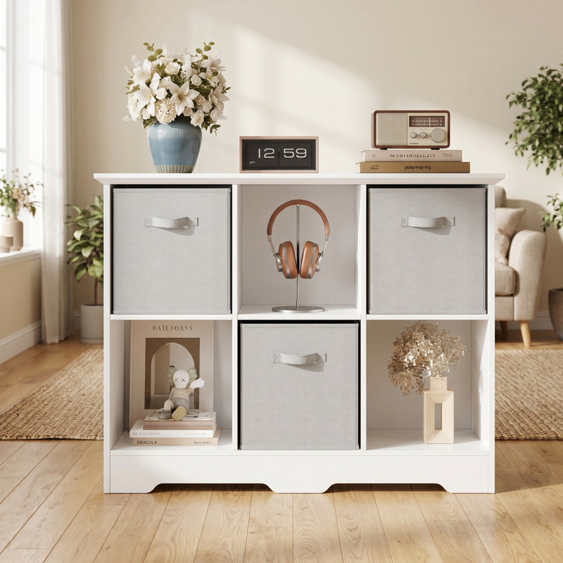 Bibliothèque décorative à 6 cubes l 37 "avec 3 bacs pliables en tissu, Blanc