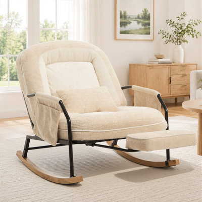 Oversized Nursery Rocking Chair with Retractable Footrest, Plush Faux Fur Upholstered Rocker with 4-Position Adjustable Backrest, Lumbar Pillow & Side Pocket