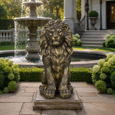 24.61" Outdoor Lion Statue, Magnesium Oxide Stone Composite Animal Sculpture Statue Decor for Front Door, Yard Patio Garden, Antique Bronze Finish, Ideal Gift for Housewarming & Estate Decoration