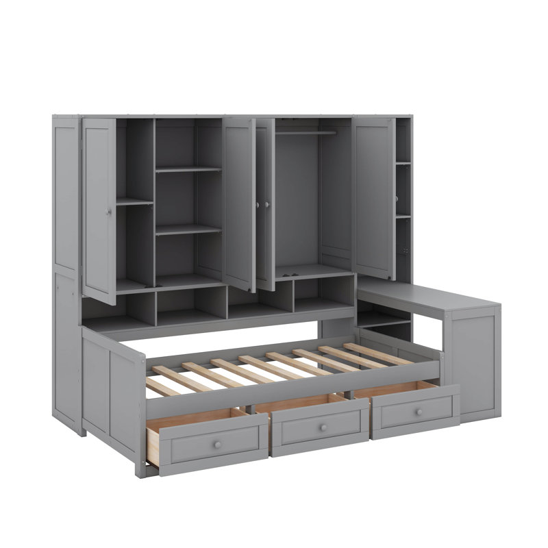 Lit de jour simple en bois avec trois tiroirs, armoire, bureau et tablettes, Gris