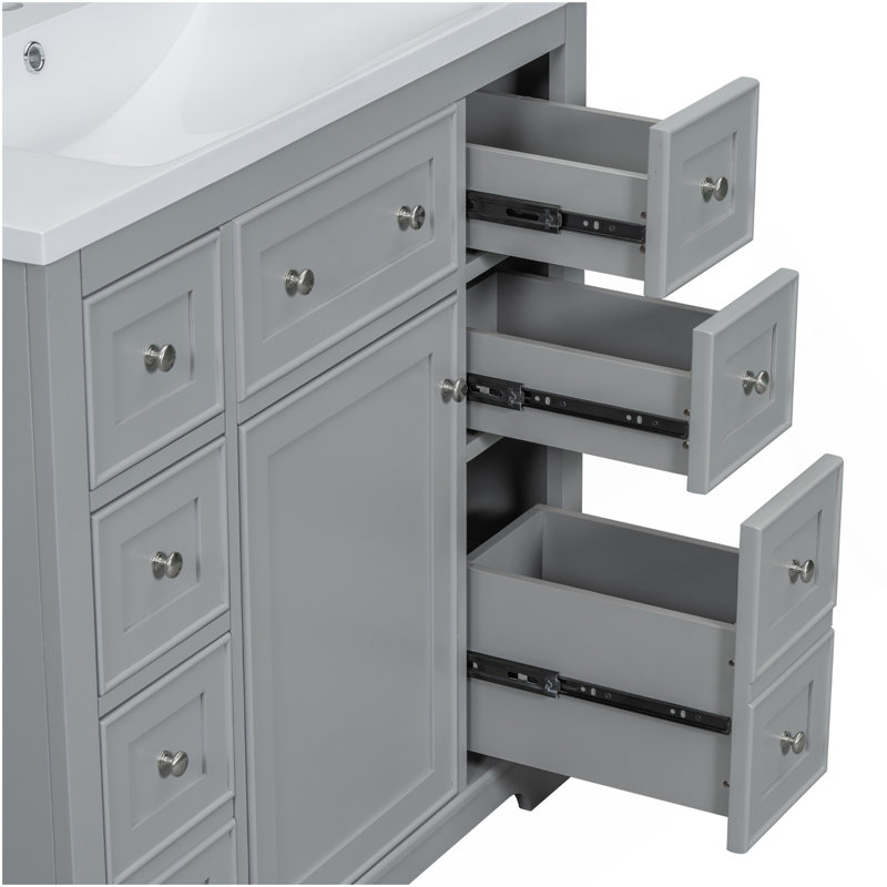 36" Bathroom Vanity With Sink Combo, One Cabinet And Six Drawers, Wood And MDF Board, Grey, Grey