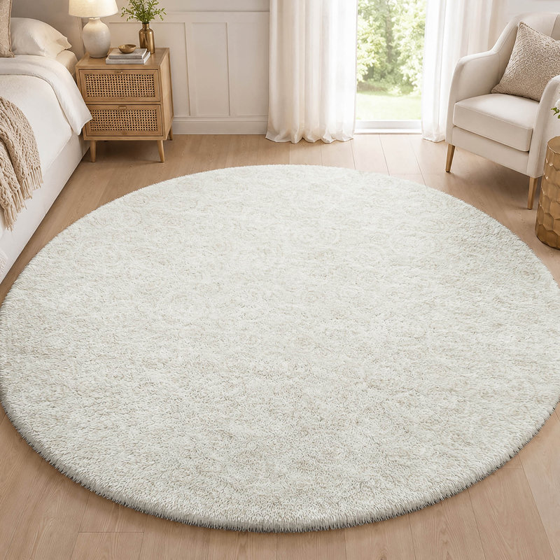 Tapis Dream Shag ADS728 à cercles, lavable à la machine de qualité supérieure, Ivoire ivoire, 8' Round