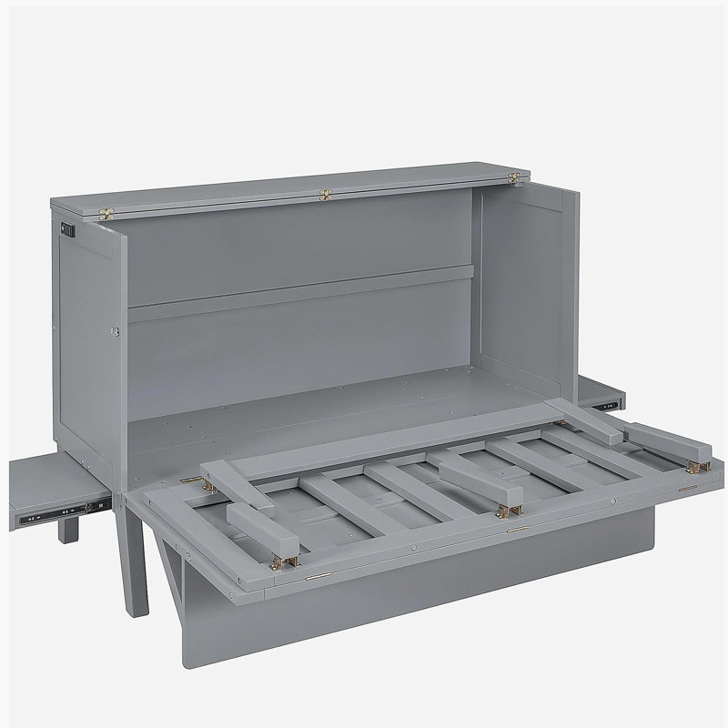 Très grand lit mural gris avec ports USB et tablettes amovibles des deux côtés, Gris, Grand lit