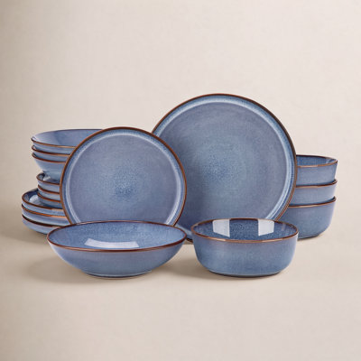 vancasso 16 Piece Blue Ceramic Dinnerware Set for 4,Kiln-Fired Plates,Dessert Plates,Pasta Bowls&Bowls