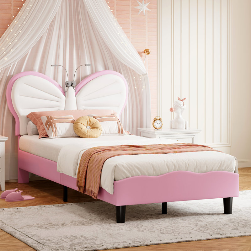 Single Children’S Bed Frame With LED Reading Lighting, Girls Bed Upholstered Platform Bed Frame With Butterfly-Shaped Adjustable Height Headboard, Easy Assembly