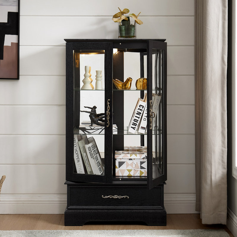 Vitrine lumineuse en verre avec tablettes réglables - Vitrine élégante à 2 portes et tiroir intégré, ampoule incluse - NOIR