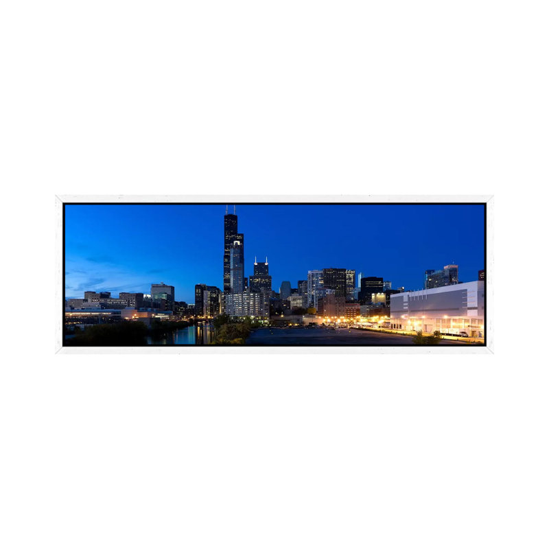 Buildings in a city lit up at dusk, Chicago, Illinois, USA 1 Piece Panoramic Wall Art on Canvas, 152.4 cm H x 50.8 cm W