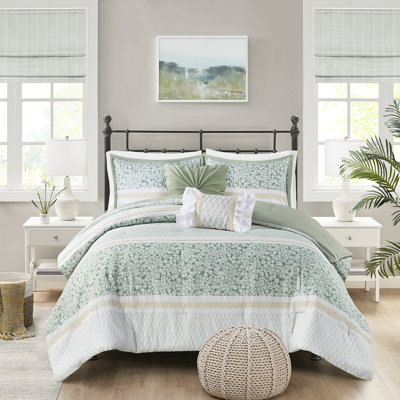 Ensemble de literie 5 pièces pour très grand lit / très grand lit - édredon Seersucker à motif botanique imprimé chic avec 1 édredon, 2 coussins décoratifs, taies décoratives et bourre décorative