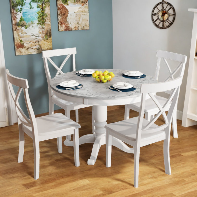 Kayelin 5 Pieces Dining Table Set Solid Wood Round Table with 4 Chairs, White