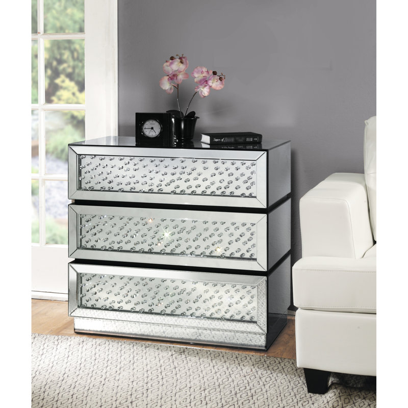 Console rectangulaire à miroir avec 3 tiroirs latéraux en métal, bord biseauté de 5 mm, cristal, pieds fuselés, largeur de 32 po, hauteur de 31 po, 16 de profondeur, couleur argent, finition du matériau du miroir, faux
