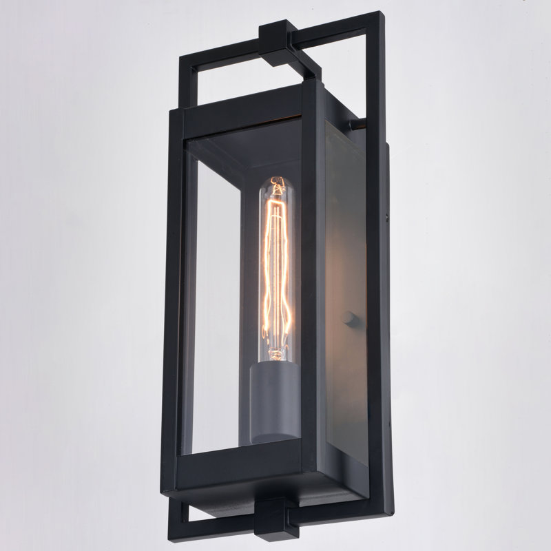Bergina 16.25 in. H 1-Light Matte Black Contemporary Outdoor Wall Sconce made of Durable Metal, Clear Glass Shade, LED Compatible, Use for Exterior Porch Patio Front Door or Garage