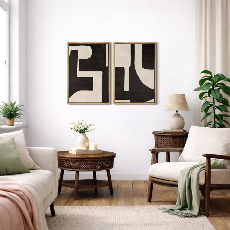 Mid Century Shape "Modern Black & Cream Geometric Shape Artwork, Classy Abstract Neutral Wall Pictures, Framed Canvas Giclée Print 2 Pieces Wall Art" 16x24x2 pcs, 24x36x2 pcs