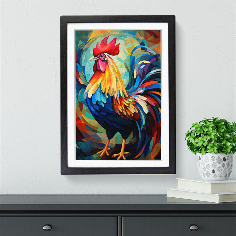 Rooster Orphism - Single Picture Frame Print on Wood, 46cm H x 34cm W x 2cm D, Black
