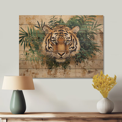 Tigre dans la jungle II - Art mural moderne en bois sur bois de pin naturel