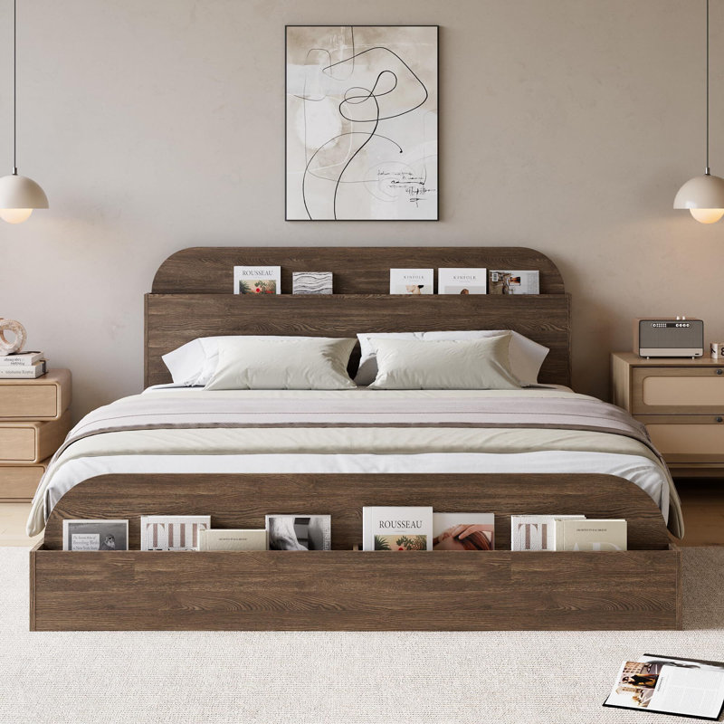 Bed Frame with Storage Headboard and Footboard, Low Platform Bed for Bedroom, No Box Spring Needed, Walnut, Brown, Queen