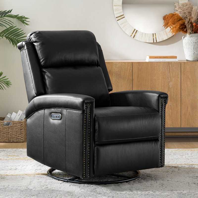 Keaton Transitional Genuine Leather Dual Motor Power Swivel Rocker Recliner with Adjustable Headrest, Black