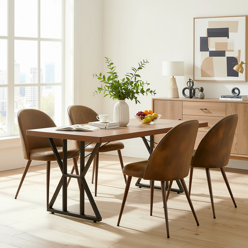 Ensemble de table de salle à manger 5 pièces avec chaises rembourrées, table rectangulaire aspect bois et base en métal