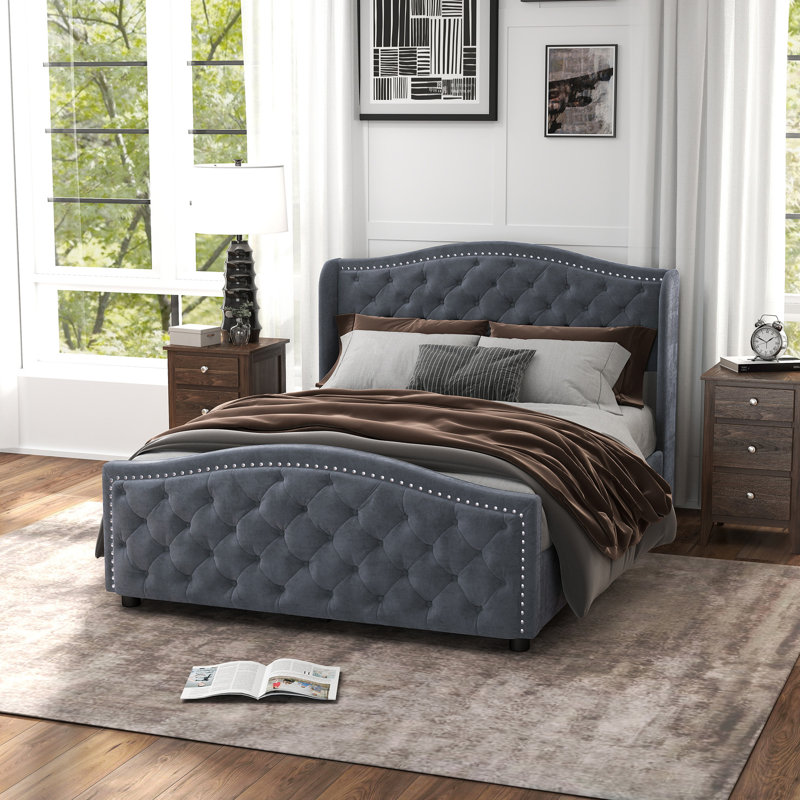 Kassaia Velvet Platform Bed with Tufted Headboard