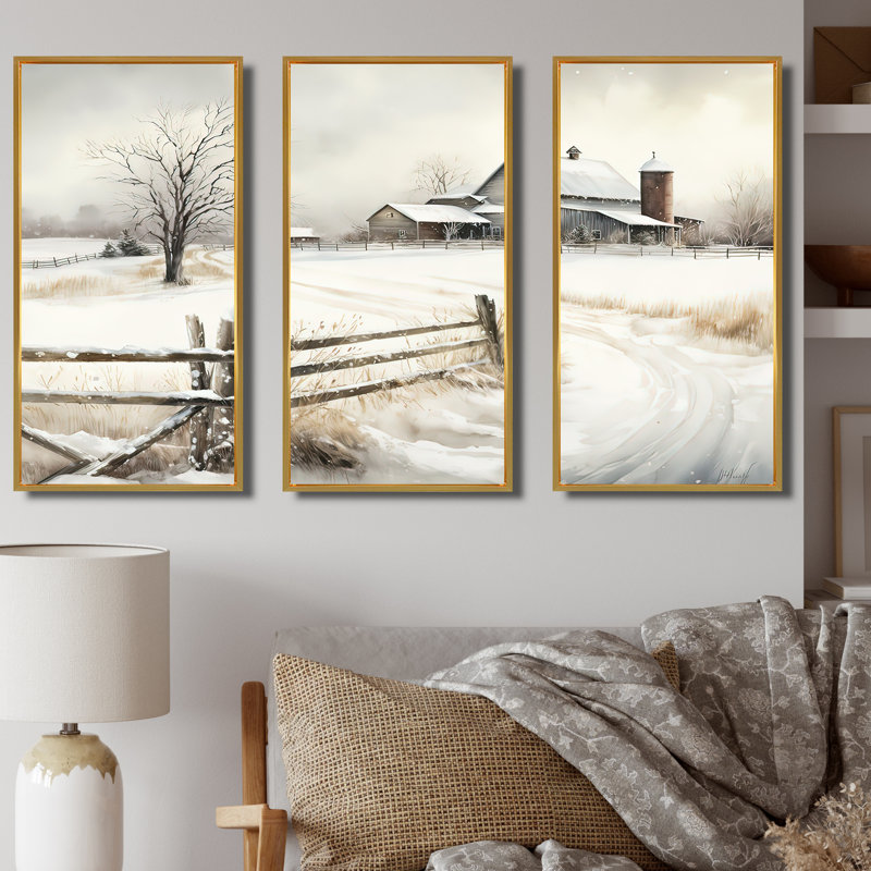 «Ohio Farm In Winter», ensemble d'art mural sur toile, Encadrement doré, H 32 po x l 48 po x P 1 po
