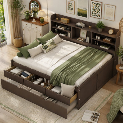Wooden Captain Bed with Built-in Bookshelves,Storage Drawers and Trundle