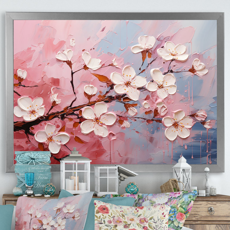 Cerisier blanc et rose Bloom III - art mural cerise, H 16 po x l 32 po x P 1 po, Cadre de coin argenté fermé