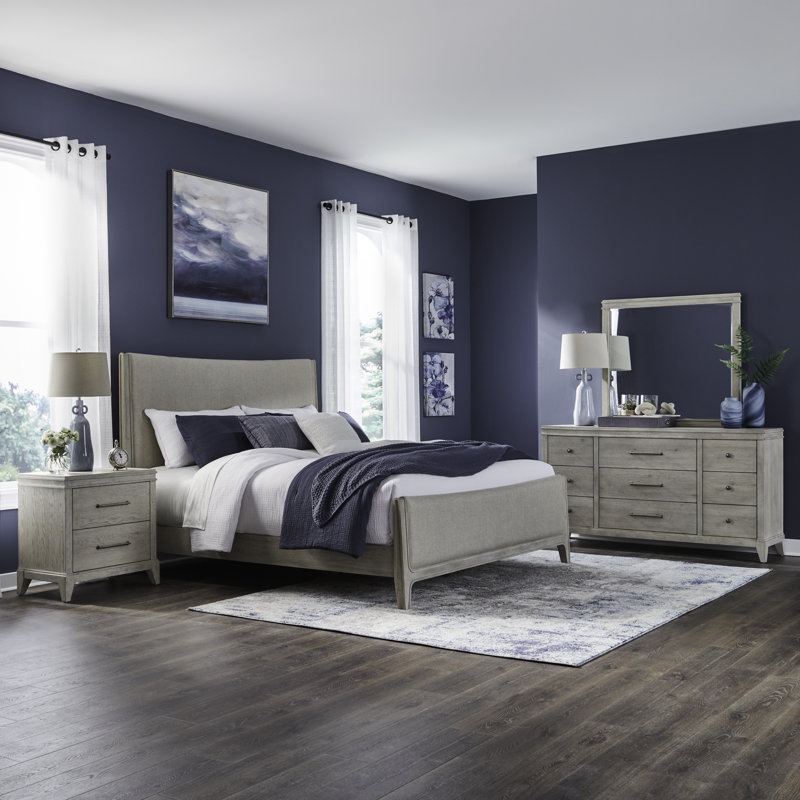 Ensemble de chambre à coucher grand lit, commode et miroir, table de chevet Ahan, Grand lit