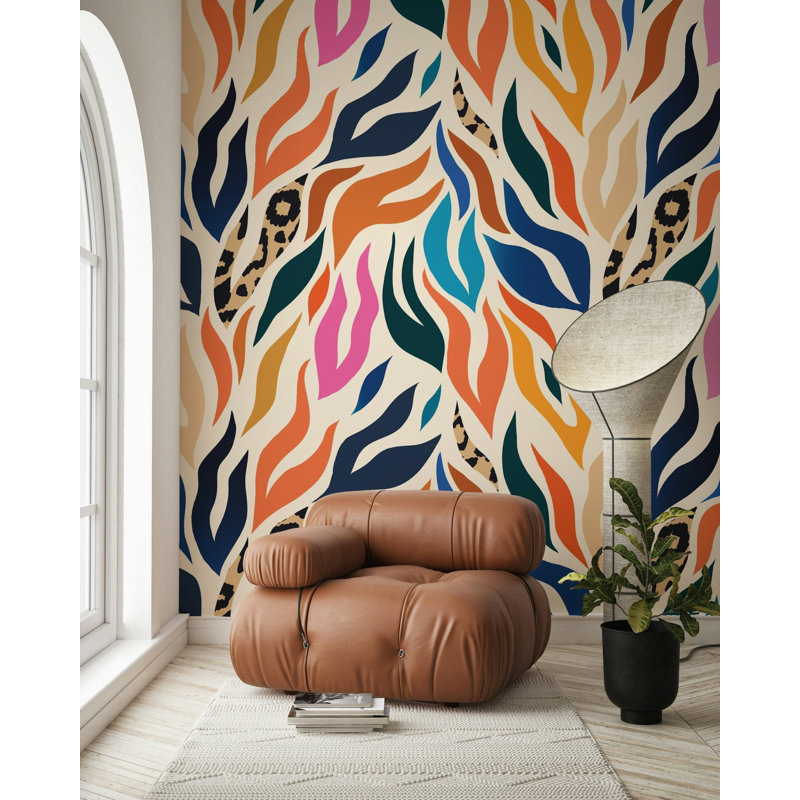 Papier peint coloré à imprimé abstrait avec léopard, L 115 po x l 225 po