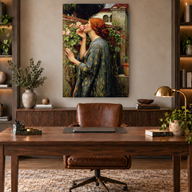 Pre-Raphaelite Woman Smelling Pink Roses Canvas Print, 60" H x 40" W