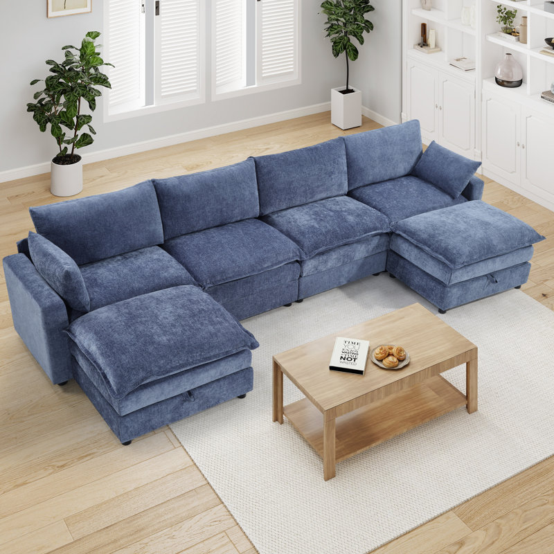 4 Piece Modern Chenille Upholstered Sectional With 2 Storage Ottomans, Blue Chenille