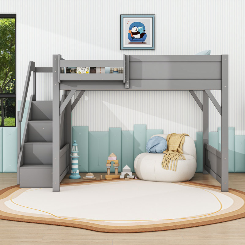 Wooden Space-Saving Loft Bed with Stairs, Gray, Full