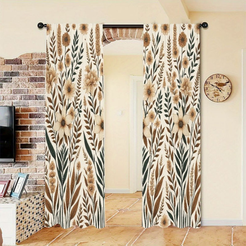 2Pcs Rustic Floral Curtains, Beige Cream Brown Botanical Design, Rod Pocket Light Filtering, Vintage Farmhouse Style, All-Season For Living Room Bedroom Window Decor