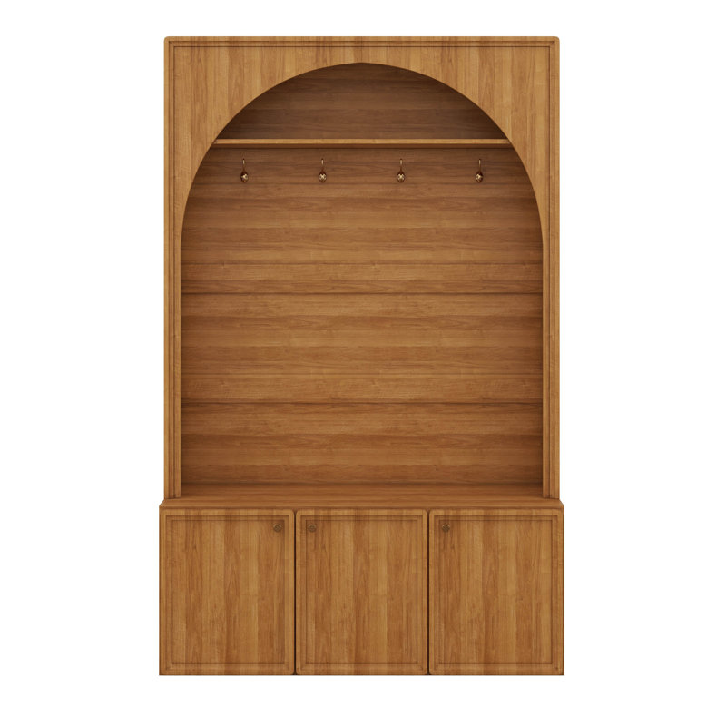 Arched Entryway Hall Tree With Bench And 3 Cabinets, Entryway Coat Rack With 4 Golden Hooks And Top Compartments