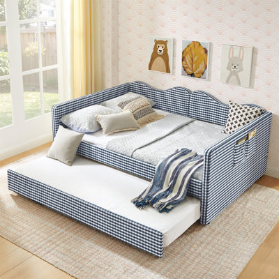 Lit de jour double, lit de jour rembourré en vichy équipé d'un cadre gigogne escamotable et d'une poche de rangement latérale, canapé-lit multifonctionnel en bois massif pour chambre d'enfant et chambre d'amis