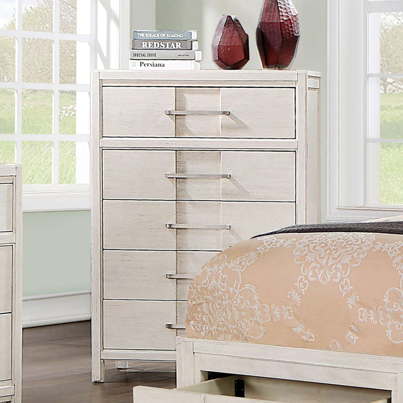 Commode à conception simple avec cinq tiroirs, Blanc