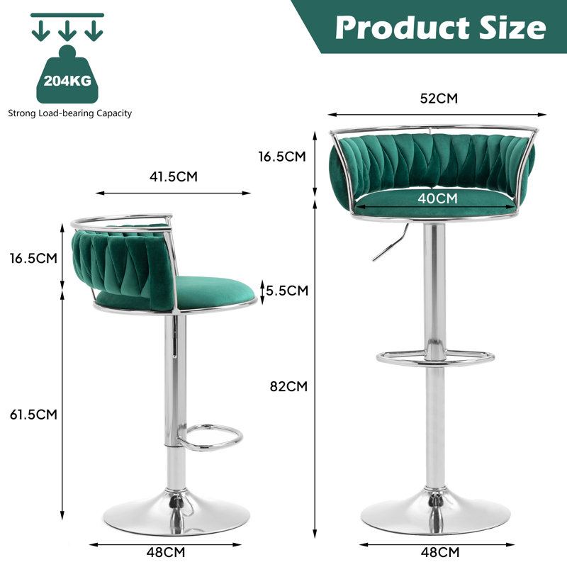 Christal Height Adjustable Swivel Bar Stool, Dark Green, Silver