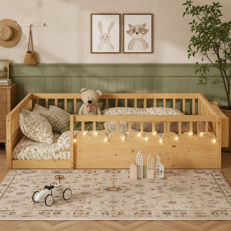 Structure de lit double Montessori avec rails hauts, lits en bois pour enfants avec éclairage et tablette de rangement, naturel